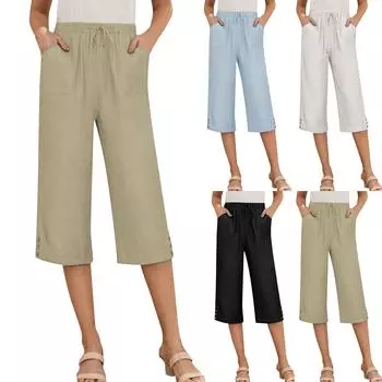 Женские эластичные широкие повседневные однотонные брюки с высокой талией, шорты с карманами L чёрный