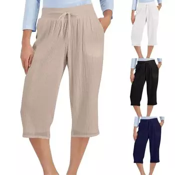 Женские эластичные широкие повседневные однотонные брюки с высокой талией, шорты с карманами L чёрный