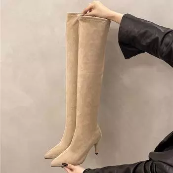 Женские эластичные современные длинные сапоги, модные сапоги выше колена, сексуальные тонкие высокие каблуки, туфли для стриптиза, Botas Mujer 35 чёрный
