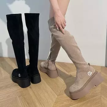 Женские эластичные современные сапоги выше колена, модные туфли без застежек, осенне-зимние туфли на платформе, туфли на плоской подошве, женские длинные сапоги в стиле рыцаря 35