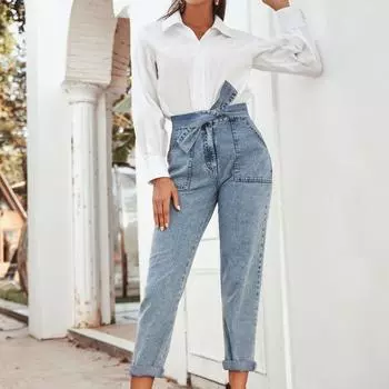 Женские эластичные узкие брюки из выбеленного денима с высокой талией M синий