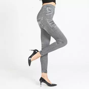 Женские эластичные узкие джеггинсы с принтом, джинсы с принтом, бесшовные девятые брюки L серый