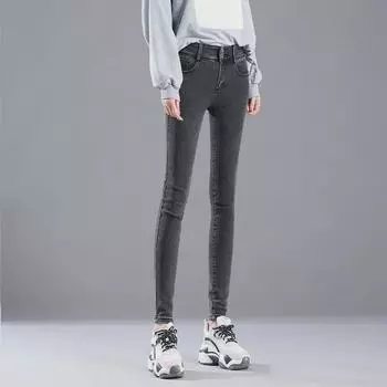 Женские эластичные узкие джинсы с высокой талией и двойной пряжкой для осени и зимы — облегающие брюки-карандаш, длина Nine Points, корейский стиль 30 синий/серый