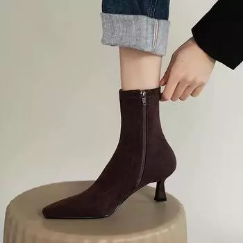 Женские эластичные узкие сапоги-носки на высоком каблуке, модные, элегантные, современные, короткие, осенние, женские, танцевальные, вечерние туфли 35 чёрный