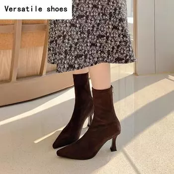 Женские эластичные узкие сапоги-носки на высоком каблуке, модные, элегантные, современные, короткие, осенние, женские, танцевальные, вечерние туфли 35