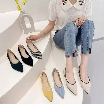 Женские эластичные вязаные балетки на плоской подошве, модные дышащие удобные рабочие туфли с острым носком, женские повседневные легкие лоферы для вождения55 34