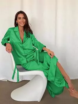 Женские элегантные атласные комплекты, повседневная рубашка с длинными рукавами и лацканами, прямые брючные костюмы, женский костюм 2023, свободные однотонные топы, новые наряды из двух предметов S чёрный