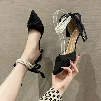 Женские элегантные белые босоножки на высоком каблуке, туфли-лодочки на массивной платформе с жемчужным ремешком на щиколотке, женская роскошная обувь для вечеринок с кружевом и бантиком 35 чёрный
