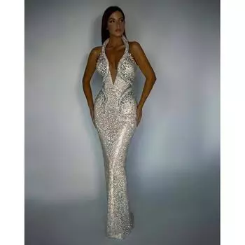 Женские элегантные без рукавов бретелька через шею пайетки невесты подружки невесты свадебное длинное платье великолепные вечерние макси бальные платья S