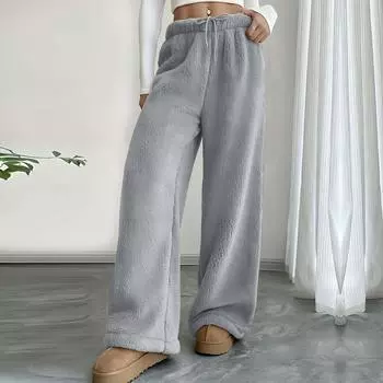 Женские элегантные бежевые брюки палаццо из искусственной ткани с кулиской на талии Уютные с высокой посадкой Осенне-зимняя повседневная одежда L