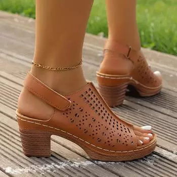 Женские элегантные босоножки на высоком каблуке, модные туфли с открытым носком и толстым каблуком, повседневные летние сандалии для отдыха на открытом воздухе 36 бордовый