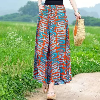 Женские элегантные брюки большого размера с высокой талией, большие размеры с эластичной резинкой на талии, винтажные широкие брюки с принтом, женские брюки XL