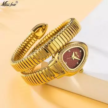 Женские элегантные часы с циферблатом в виде головы змеи, украшенные бриллиантами, модные золотые часы с браслетом-змеей, женские кварцевые часы, изысканный праздничный подарок золотой/красный