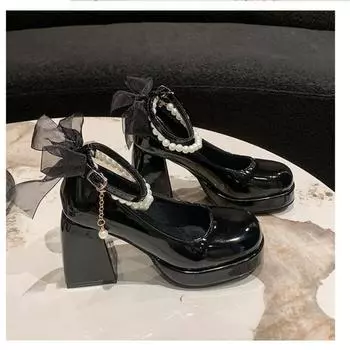Женские элегантные черные модные туфли-лодочки на высоком каблуке с бантом и квадратным носком, свадебные туфли на толстом каблуке для свадебной вечеринки, жемчужные кружевные свадебные туфли для женщин 35 белый