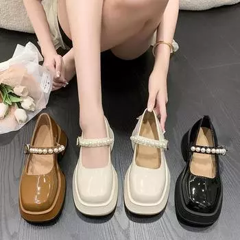 Женские элегантные черные модные туфли-лодочки на высоком каблуке с бантом и квадратным носком, свадебные туфли на толстом каблуке для свадебной вечеринки, жемчужные кружевные свадебные туфли для женщин 35 бежевый