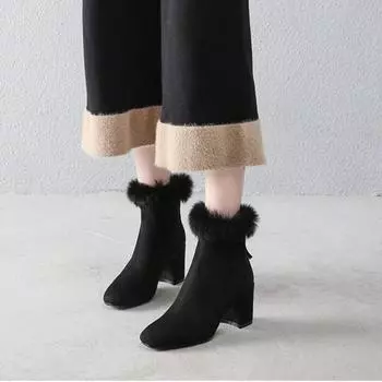 Женские элегантные дизайнерские ботинки на высоком каблуке, толстые, замшевые, теплые, 2025, новые брендовые зимние туфли-лодочки с острым носком, женские 35 чёрный