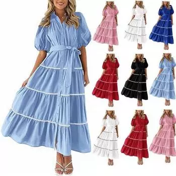 Женские элегантные длинные платья для вечеринок с рукавами-фонариками, кружевное многослойное плиссированное платье-рубашка с короткими рукавами S белый