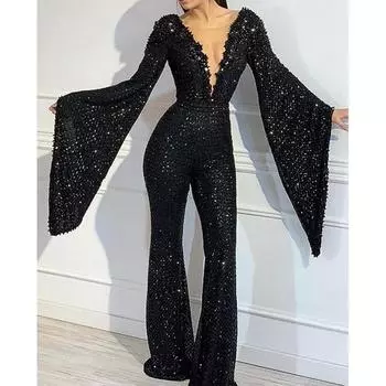 Женские элегантные длинные рукава с пайетками и V-образным вырезом для невесты, подружек невесты, свадебные вечерние комбинезоны, длинный комбинезон S чёрный