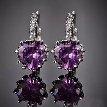 Женские элегантные фиолетовые серьги-кольца со стразами в форме сердца