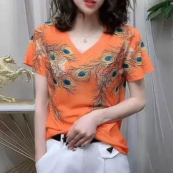Женские элегантные футболки с 3d принтом и принтом перьев, летние модные футболки с v-образным вырезом и короткими рукавами, повседневные тонкие базовые топы, женская одежда S