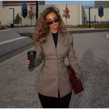 Женские элегантные клетчатые принты с лацканами, облегающие пальто с запахом, модные однобортные пиджаки, очаровательные женские повседневные уличные модели S