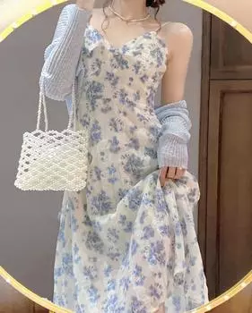 Женские элегантные комплекты платьев на бретелях, летние повседневные платья с цветочным принтом, модная женская одежда без рукавов с принтом S синий