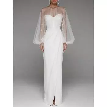 Женские элегантные круглые вырезы с длинными рукавами, сетка, бусины, жемчуг, невесты, подружки невесты, свадебные длинные платья, великолепные вечерние макси-бальные платья XS белый