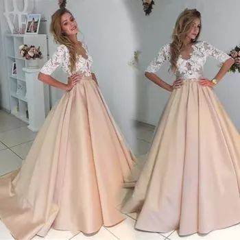 Женские элегантные кружевные плиссированные платья макси с короткими рукавами, платья для подружек невесты, свадебные платья S бежевый