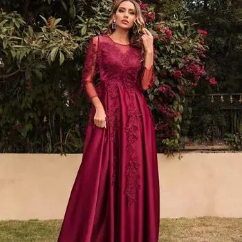 Женские элегантные кружевные плиссированные платья с круглым вырезом и длинными рукавами для невесты и подружек невесты, длинные свадебные платья, великолепные вечерние макси-бальные платья S красный