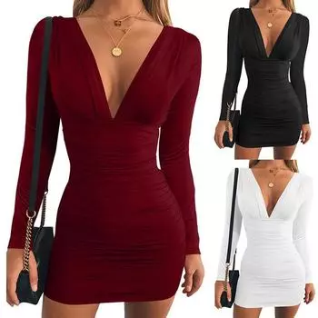 Женские элегантные мини-платья с глубоким V-образным вырезом и клубной вечеринкой, однотонные облегающие платья с длинными рукавами S белый