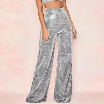 Женские элегантные модные блестящие однотонные брюки с высокой талией, осенние свободные прямые брюки в стиле «темперамент» S чёрный