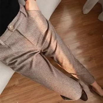 Женские элегантные модные шерстяные брюки больших размеров, повседневные шаровары для женщин, осенняя и зимняя одежда, свободные женские брюки с высокой талией 25246 S чёрный