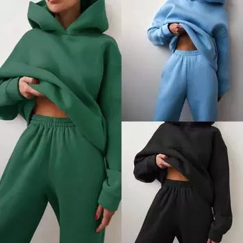 Женские элегантные однотонные комплекты для женщин, теплые толстовки с капюшоном и длинные брюки, модные комплекты из двух предметов, женские толстовки на шнуровке, костюмы S синий