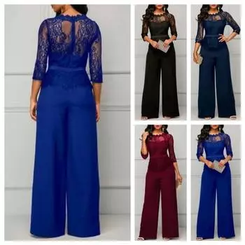 Женские элегантные однотонные кружевные топы с круглым воротником и рукавами семь четвертей, свободные прямые брюки полной длины, женские костюмы