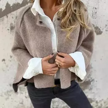 Женские элегантные однотонные офисные куртки с круглым воротником, осенне-зимние короткие кашемировые пальто с длинным рукавом S хаки