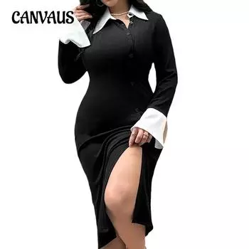 Женские элегантные платья больших размеров в стиле столкновений цветов с пуговицами и разрезами по бокам на талии 0XL чёрный