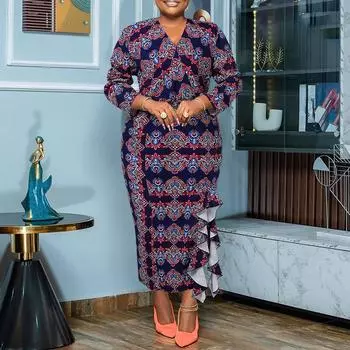 Женские элегантные платья больших размеров с V-образным вырезом и длинными рукавами с принтом M темно-синий