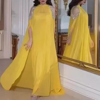 Женские элегантные платья-кафтан с круглым вырезом и длинными рукавами для подружек невесты на Ближнем Востоке, свадебные длинные платья, великолепные вечерние макси-бальные платья S жёлтый