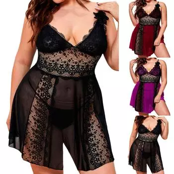 Женские элегантные платья, модное женское нижнее белье больших размеров, кружевное белье, сетчатая ткань, V-образная пижама, модная женская ночная рубашка больших размеров M чёрный
