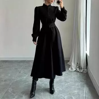 Женские элегантные платья-рубашки с тонкими пуговицами и длинными рукавами, однотонные платья-трапеции S чёрный