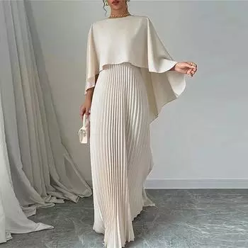 Женские элегантные платья с круглым вырезом, асимметричная шаль и жилет, плиссированные платья, осенний однотонный плащ, комплект из 2 предметов, свободное вечернее платье для отпуска XXL бежевый