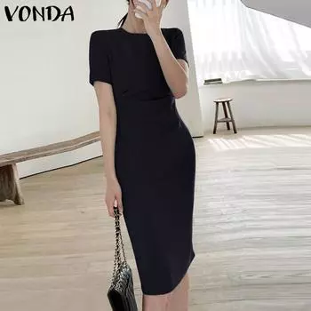 Женские элегантные платья VONDA с круглым вырезом и короткими рукавами, прямые плиссированные однотонные платья с талией