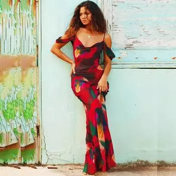 Женские элегантные платья Женские длинные платья Стиль отпуска Темперамент Тонкий дизайн с принтом Платья на бретельках для женщин S