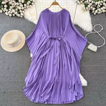 Женские элегантные плиссированные свободные длинные платья трапециевидной формы с высокой талией и круглым вырезом с рукавами «летучая мышь» для отпуска, макси-платье One Size