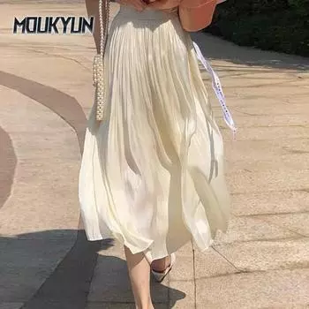 Женские элегантные плиссированные юбки средней длины, женские корейские юбки с высокой талией, летние атласные юбки макси, женские юбки-фалды One Size абрикосовый