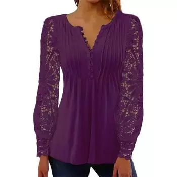 Женские элегантные повседневные блузки, сексуальные модные однотонные рубашки с V-образным вырезом и длинным рукавом, кружевные ажурные лоскутные топы для офиса и леди S синий
