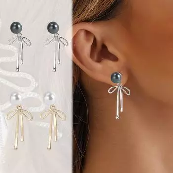 Женские элегантные серьги с жемчугом в виде банта, милые серьги, минималистичный кулон, многофункциональные серьги, подходят для пляжных свиданий и путешествий, 1 пара One Size золотой