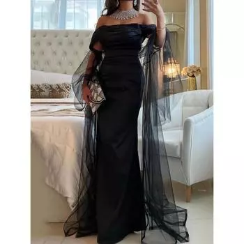 Женские элегантные сетчатые платья с открытыми плечами и длинными рукавами для подружек невесты, свадебные длинные платья, великолепные вечерние макси-бальные платья S чёрный