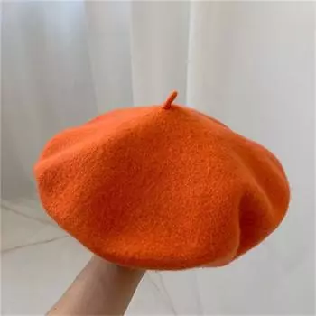 Женские элегантные шерстяные береты, утолщенные шапки в стиле ретро, однотонные теплые шапки с тыквой One Size56-58 cm