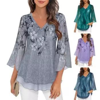 Женские элегантные шифоновые топы с цветочным принтом и v-образным вырезом, пуловер с рукавами 3/4 и разрезом «летучая мышь», топы, футболка с кружевной отделкой по подолу 2XL серый